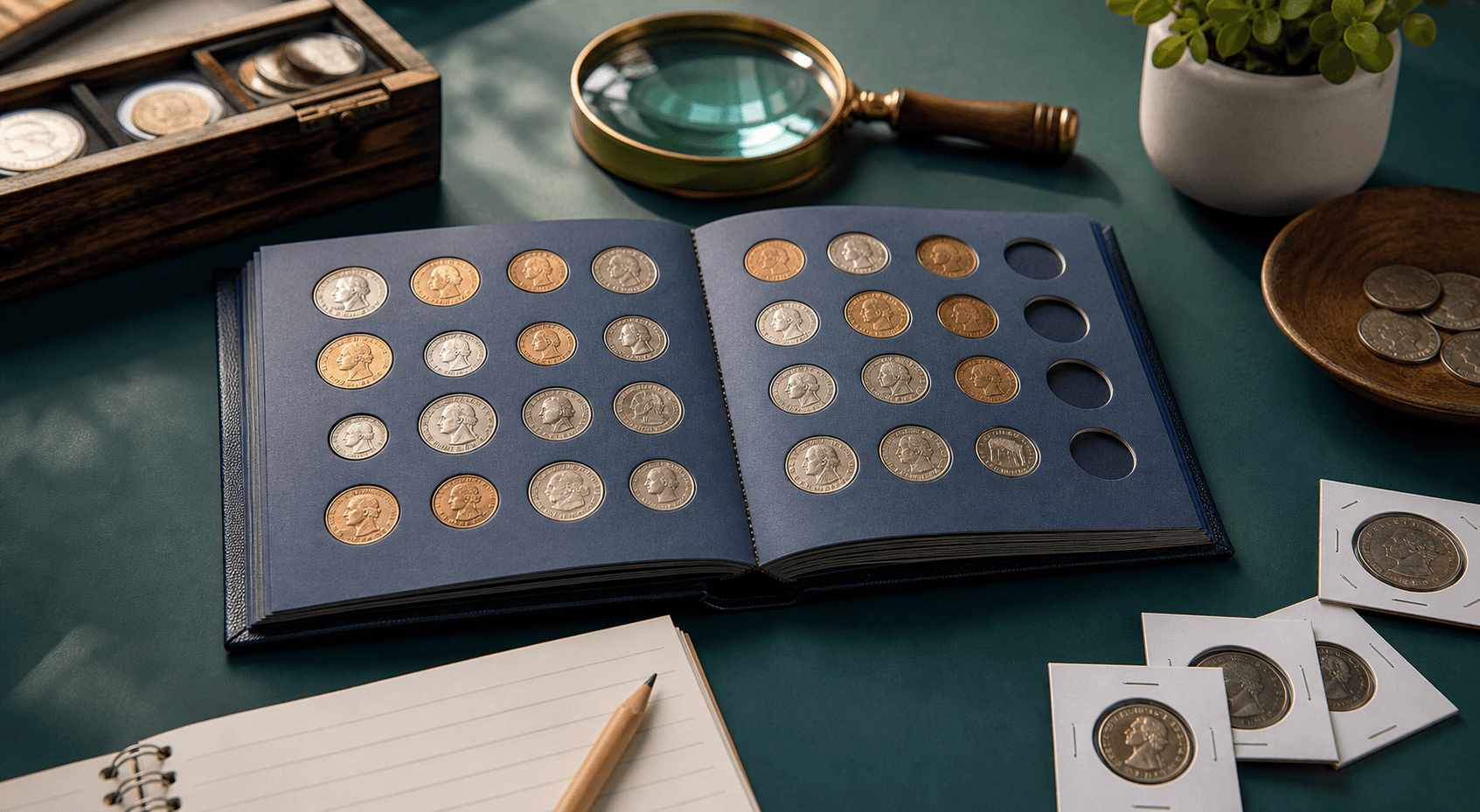 An open coin album with neatly arranged coins and beginner collecting supplies