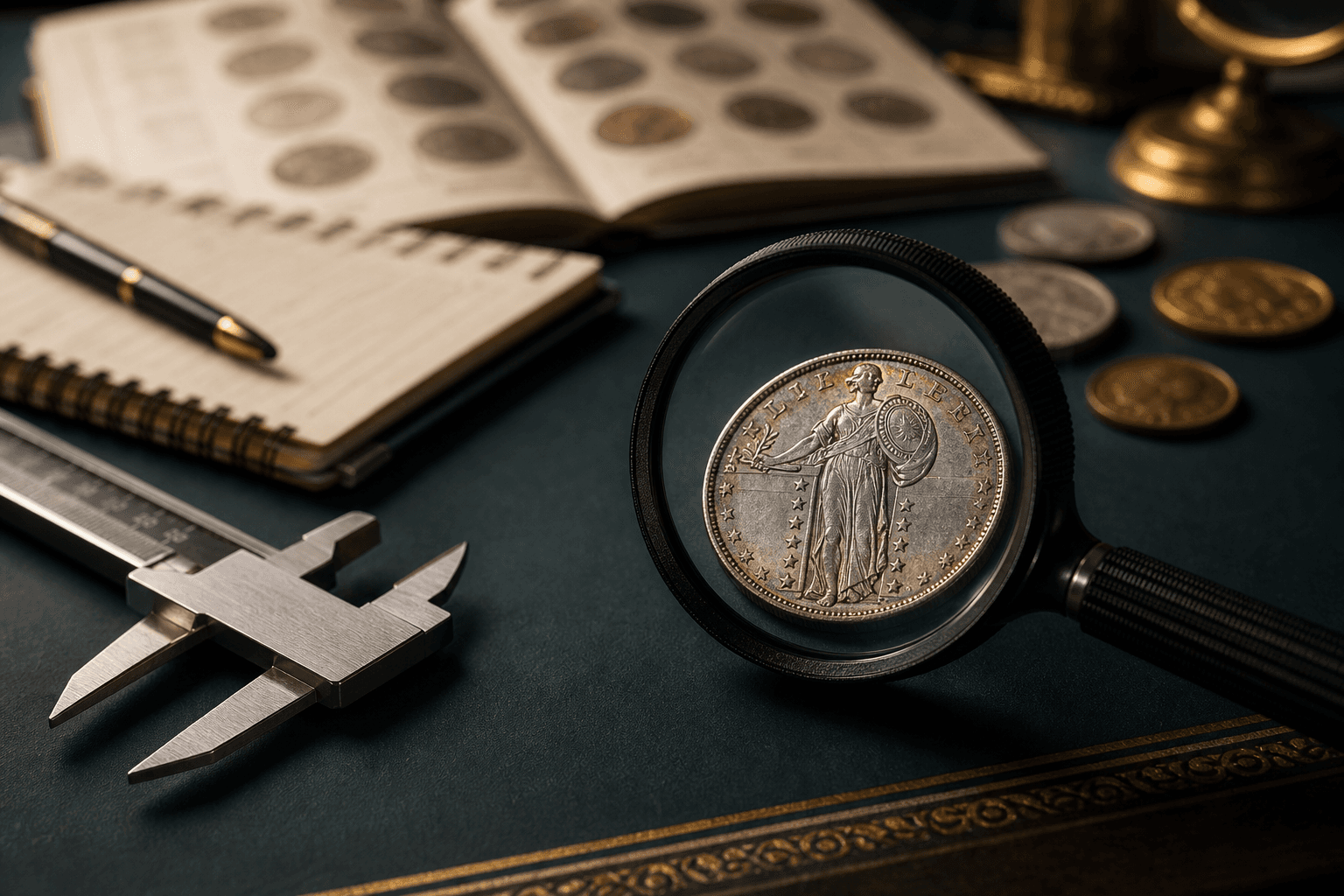 A collectible coin examined under a magnifying glass with measuring tools nearby