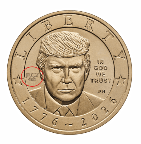 Obverse of the 2026 Trump dollar with the July 4th privy mark circled to the left of the portrait
